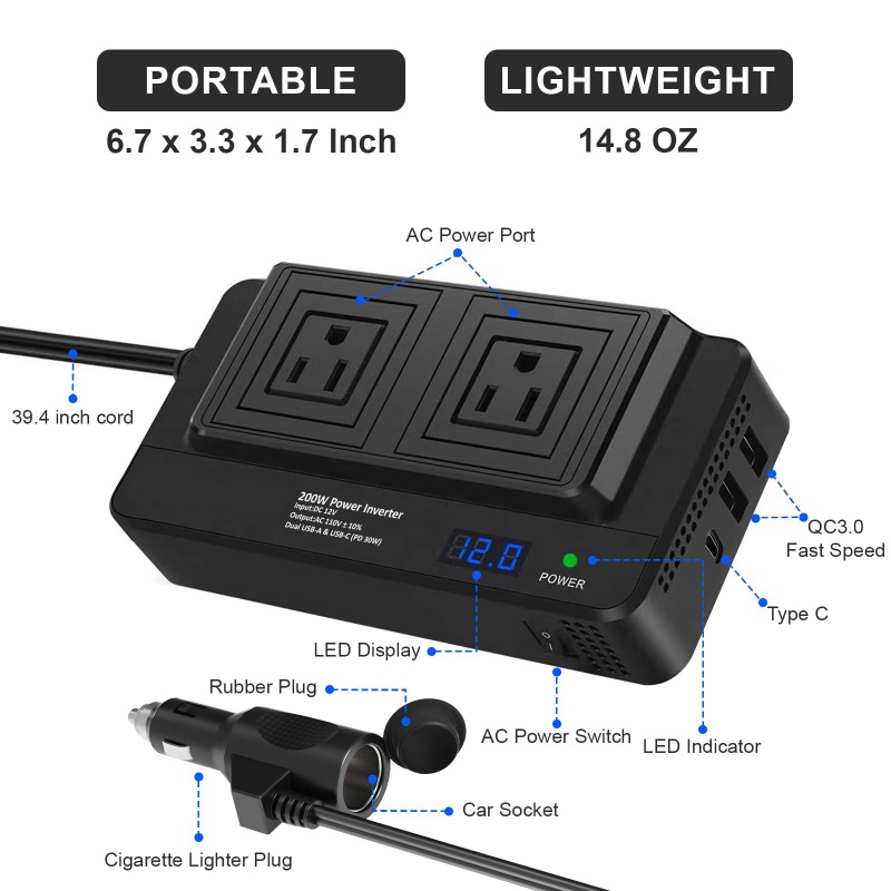 Outdoor Usb Power Adapter - 200W 차량용 인버터 전력 변환기, 2개의